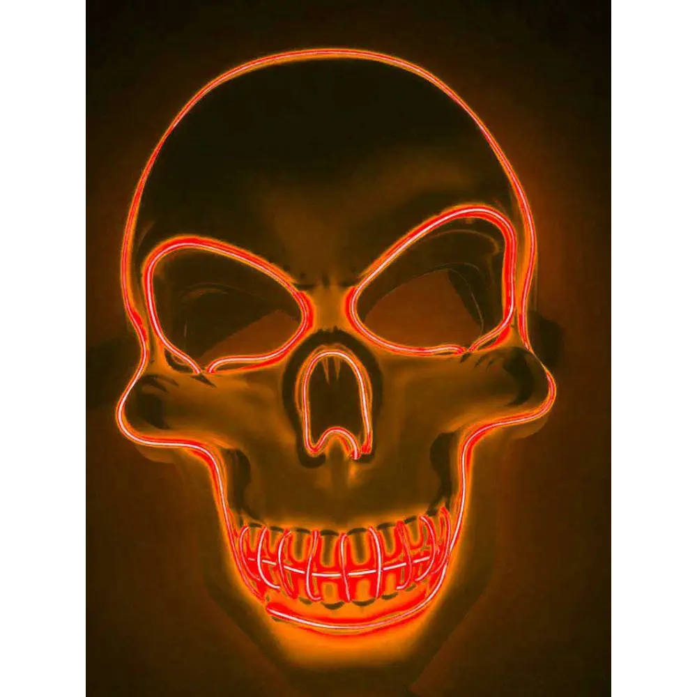 Glowing orange neon halloween skeleton mask with mask led glow in eye sockets teeth and jawline for halloween use