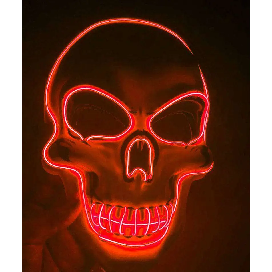 Pink neon halloween skeleton mask featuring a glowing red led glow skull with intricate wire jawline detailing