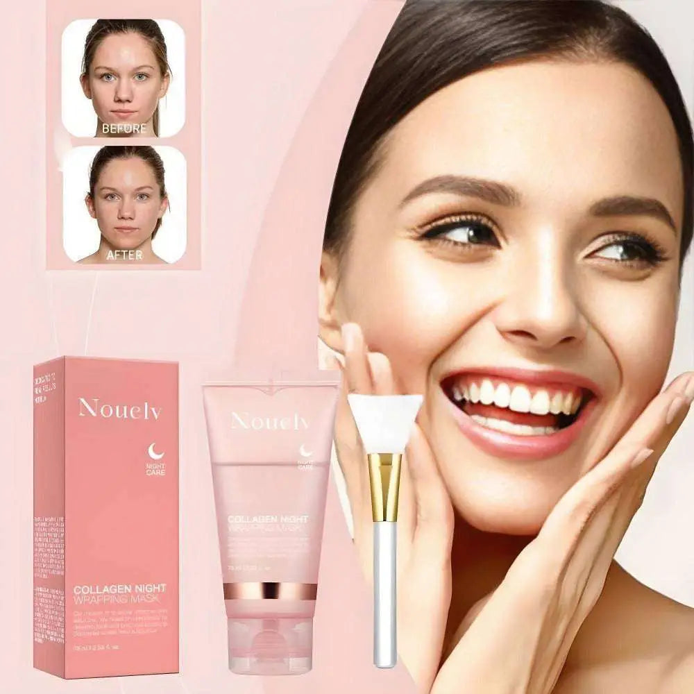 Pink nouelv collagen night wrinkle mask in translucent pink tube with rose gold accents for nighttime skin care and good rejuvenating product