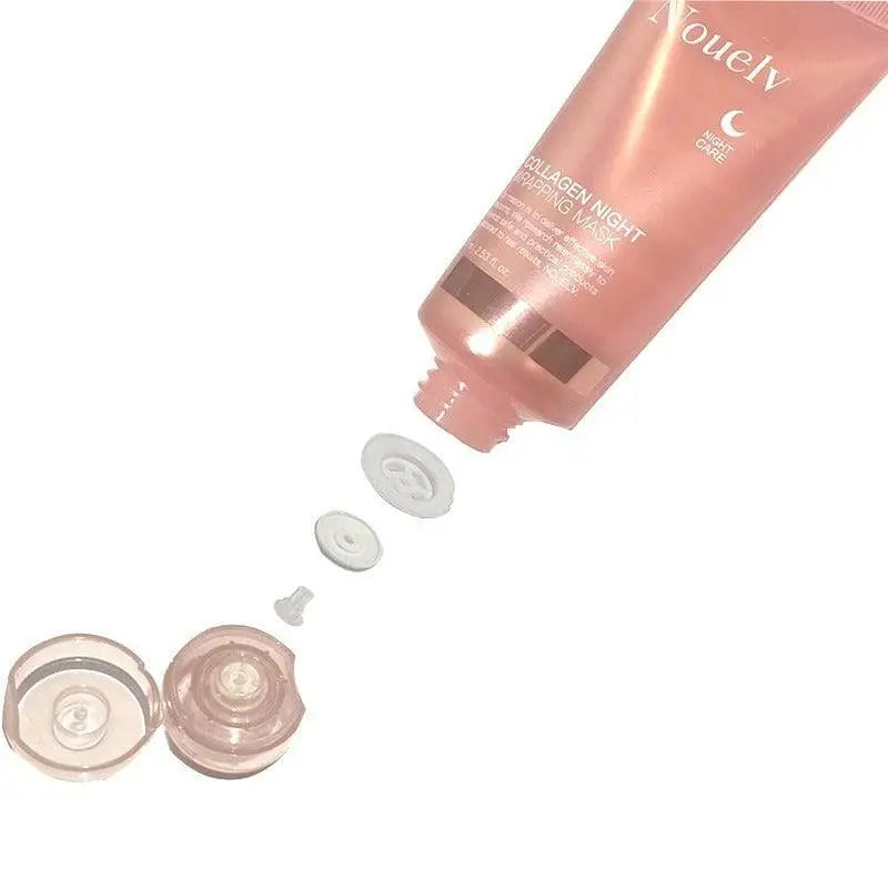 Pink nouelv collagen night repairing mask tube with metallic rose gold cap and clear components for nighttime skin care