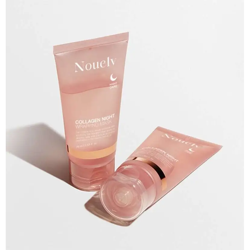 Pink Nouelv collagen night wrapping mask tubes with translucent caps and gold accents for nighttime skin care and good rejuvenating product