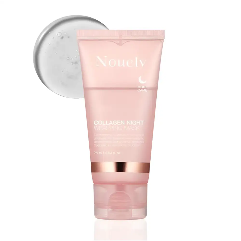 Pink nouelv collagen night wrapping mask in a translucent tube with rose gold accents for good rejuvenating nighttime skin care