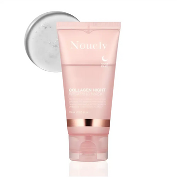 Pink nouelv collagen night wrapping mask in a translucent tube with rose gold accents for good rejuvenating nighttime skin care