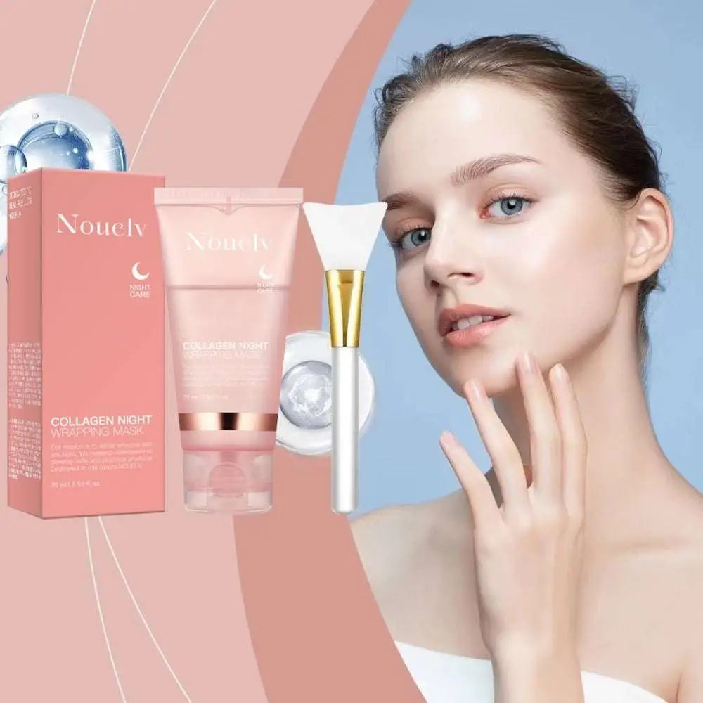 Pink nouelv collagen night wrapping mask in a translucent tube with rose gold accents for nighttime skin care and good rejuvenating product