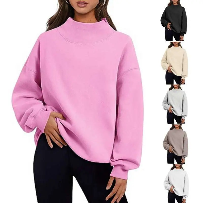 Pink oversized turtleneck pullover sweatshirt solid color with long sleeves soft cozy fabric and ribbed cuffs