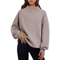 A soft muted gray pullover sweatshirt solid with pink oversized turtleneck and ribbed cuffs in relaxed fit