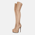 Beige over-the-knee platform high heel boots with sleek smooth leather finish for stylish knee high heel wear
