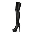 Black over-the-knee boot with glossy leather finish featuring a slender stiletto platform high heel