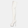 White knee high heel boot with platform high heel crafted from smooth faux leather in pink patent style