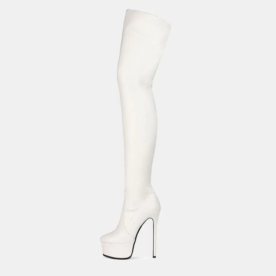 White knee high heel boot with platform high heel crafted from smooth faux leather in pink patent style