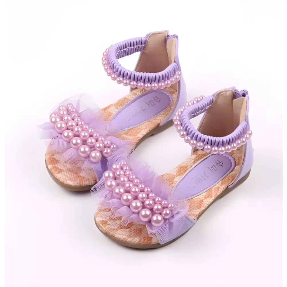 Lilac pink pearl mesh summer girls sandals featuring pearl embellishments and sheer lace detailing