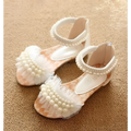 Pink pearl mesh summer girls sandals featuring white pearl-adorned floral design with delicate mesh and beaded straps