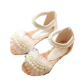 Cream-colored lace summer girls sandals with pink pearl mesh and delicate frilly design for stylish wear