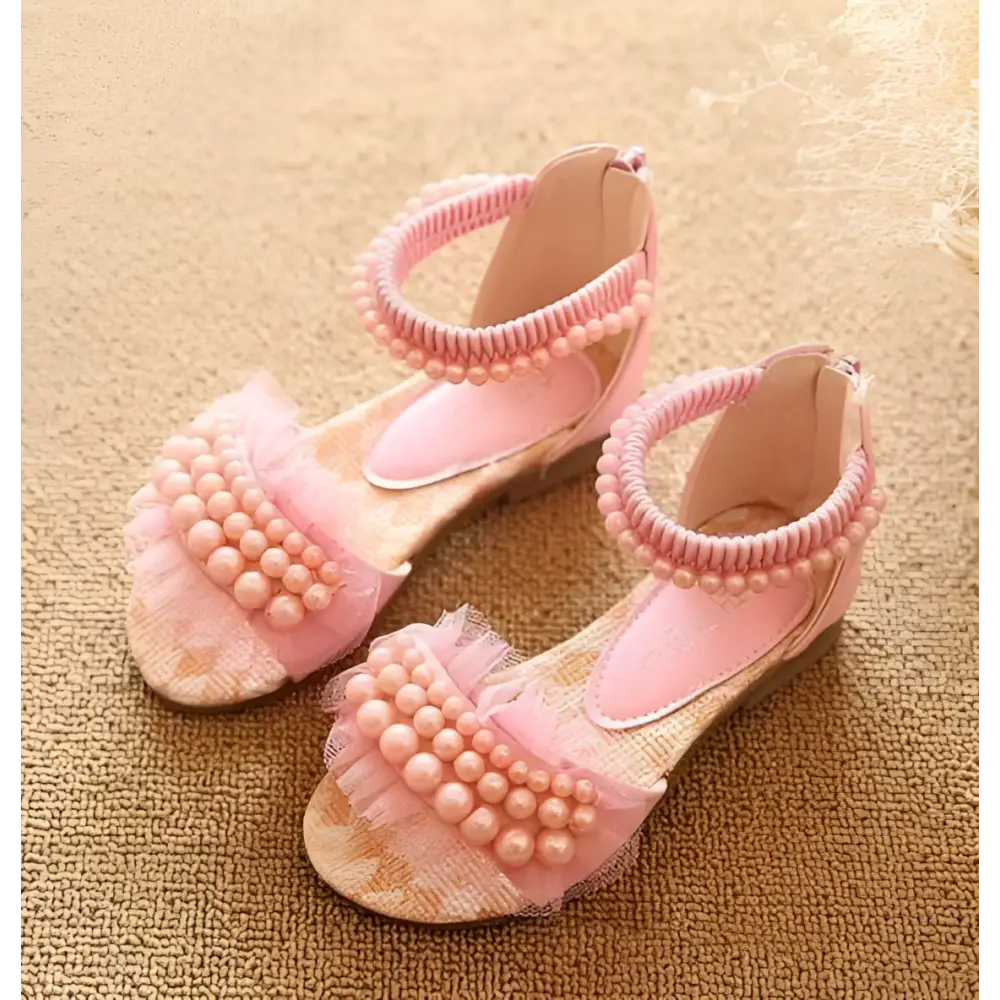 Pink pearl mesh summer girls sandals featuring delicate mesh and lace-up design for toddler girls