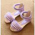 Pink pearl mesh summer girls sandals featuring lavender color, pearl embellishments, and sheer fabric accents