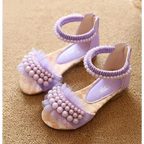 Pink pearl mesh summer girls sandals featuring lavender color, pearl embellishments, and sheer fabric accents