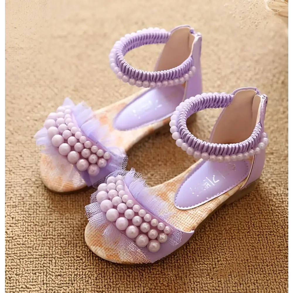 Pink pearl mesh summer girls sandals featuring lavender color, pearl embellishments, and sheer fabric accents