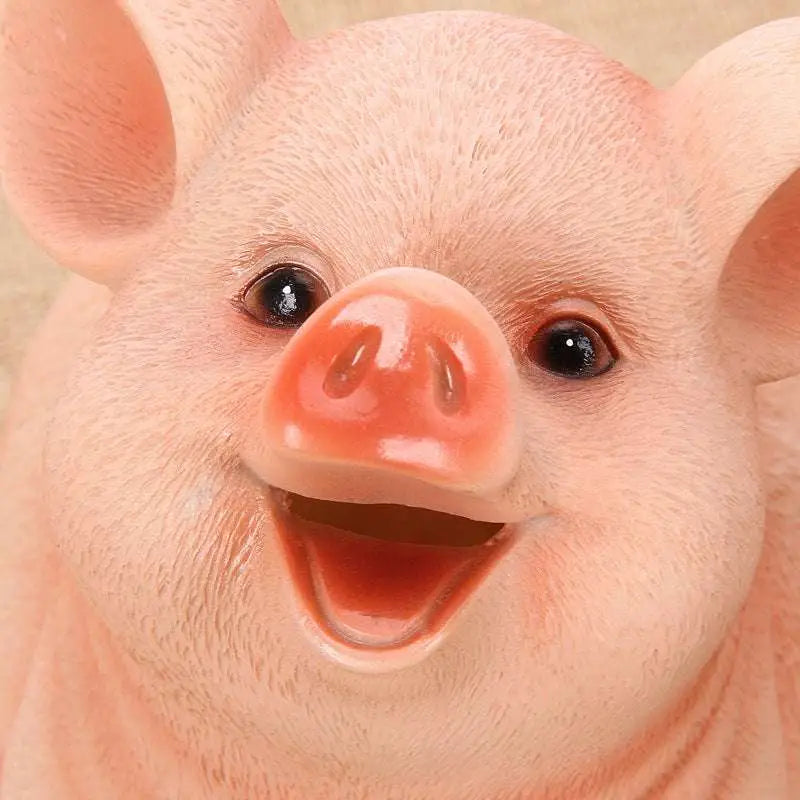 A cheerful pink pig piggy bank with glossy snout and textured skin made of plastic money box for saving coins