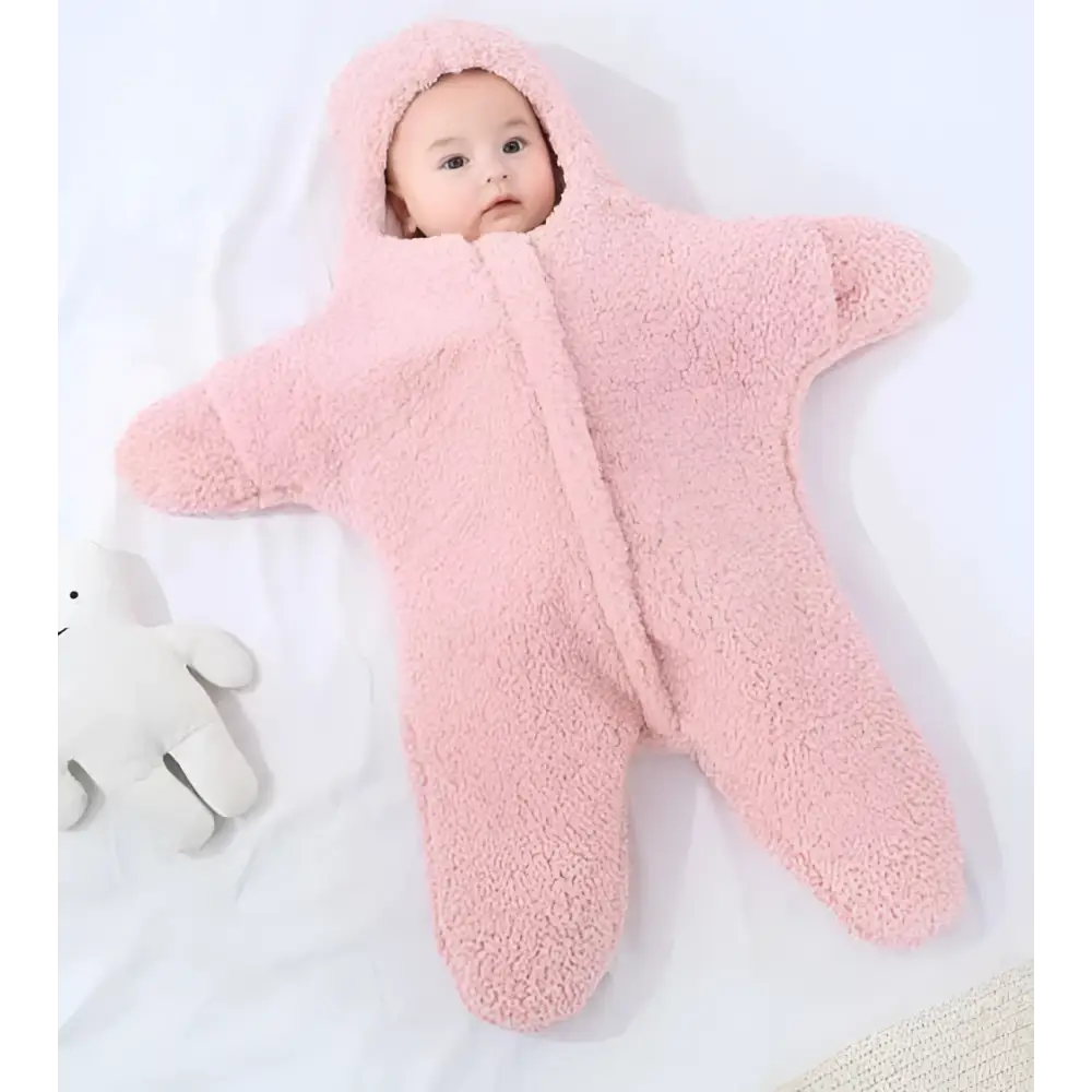 Pink plush star fleece baby quilt sleeper made of soft plush fleece with hood and zipper closure