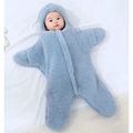 A soft light blue star fleece baby quilt sleeper made of plush fleece with hood and zipper front for infants