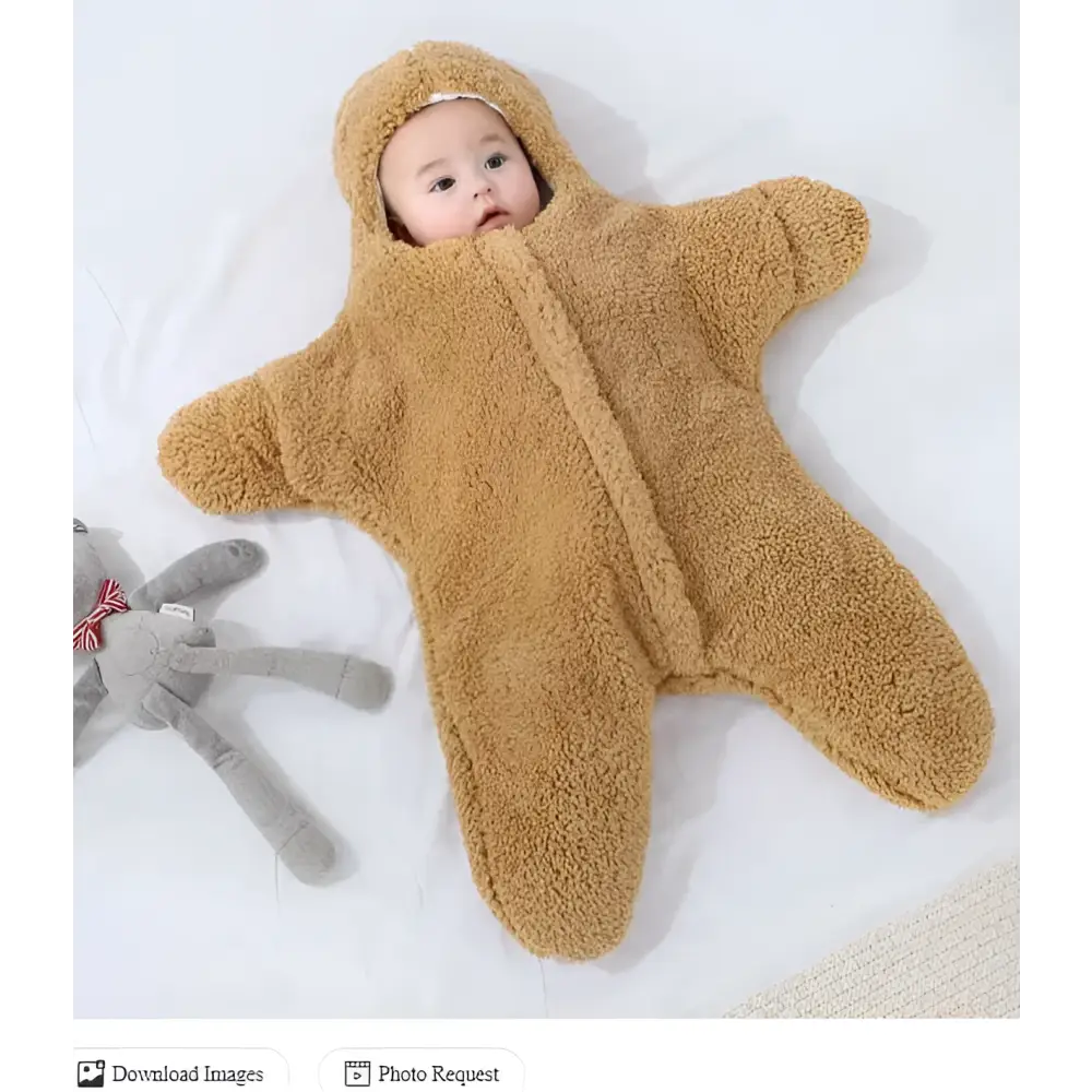 A soft tan star fleece baby quilt sleeper with plush fuzzy texture and attached hood in pink plush star style
