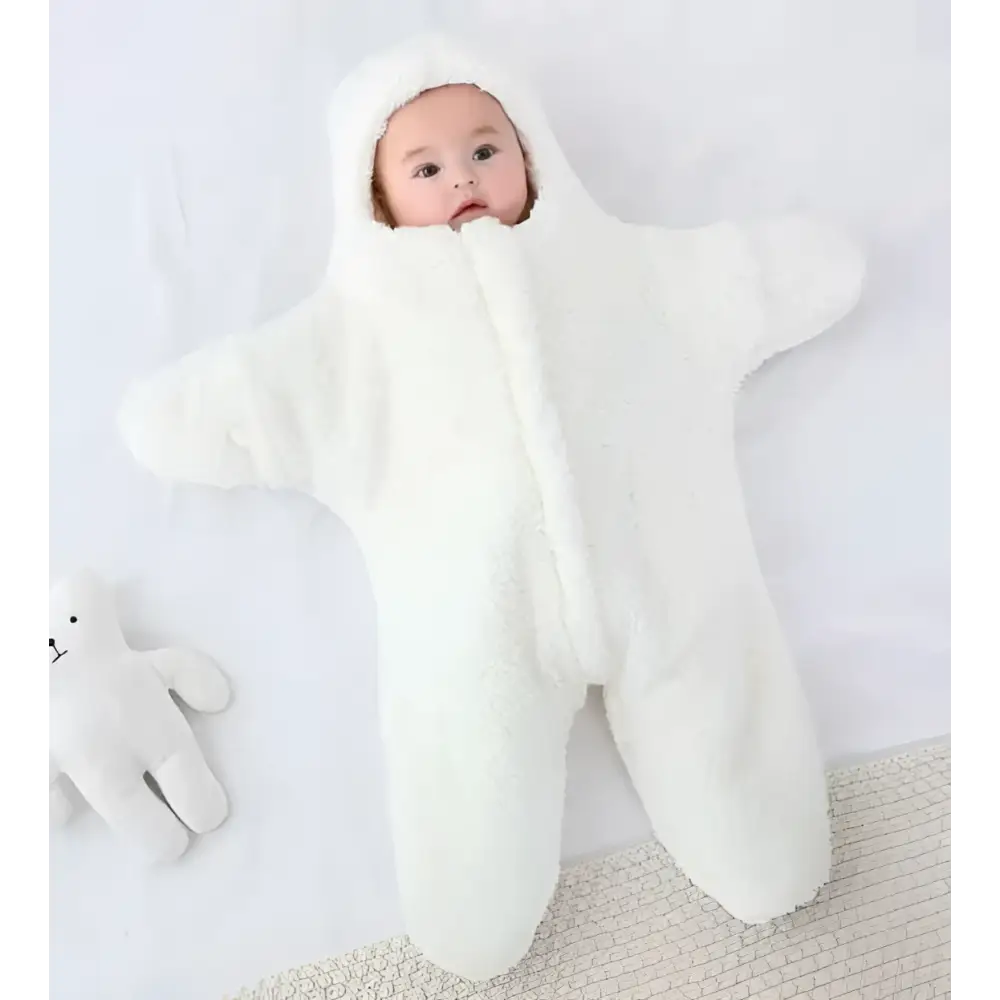 White plush star fleece baby quilt sleeper with hood made of soft fleece material for infants