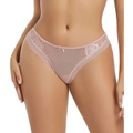 Pink polka dot mesh and lace thong featuring sheer mesh body with subtle polka dots and a delicate center bow