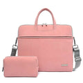 Pink pu leather women laptop bag with minimalist design featuring gray shoulder strap and matching pink pouch