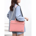 Pink pu leather women laptop bag with pouch featuring adjustable shoulder strap and top handles minimalist design