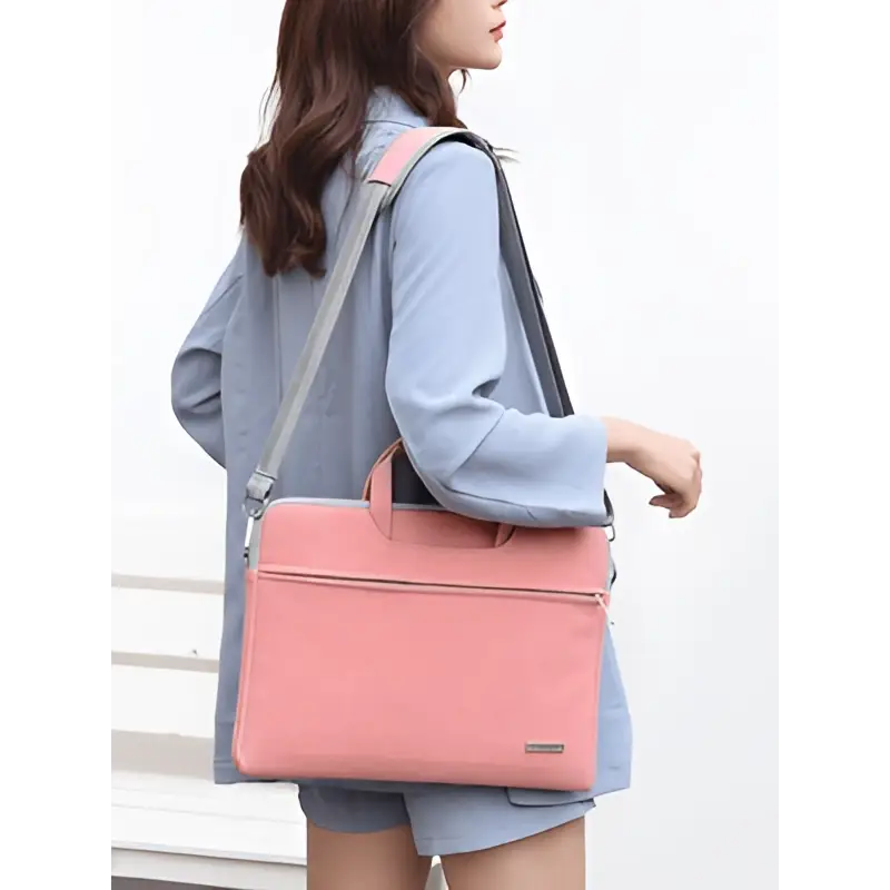 Pink pu leather women laptop bag with pouch featuring adjustable shoulder strap and top handles minimalist design