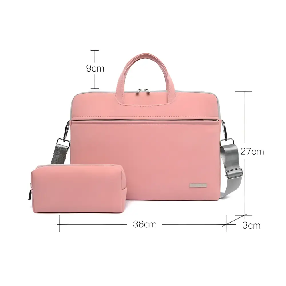 Pink pu leather women laptop bag with pouch featuring minimalist design fabric finish and silver-toned zippers