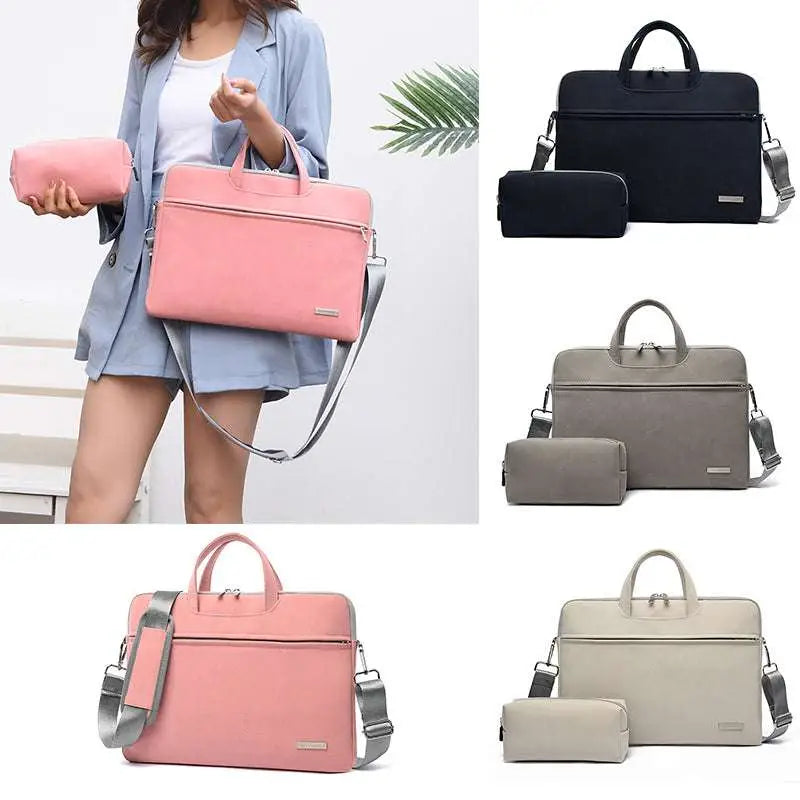 Pink pu leather women laptop bag with pouch in minimalist design featuring silver-toned hardware