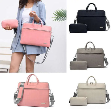 Pink pu leather women laptop bag with pouch in minimalist design featuring silver-toned hardware