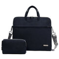 Black leather women laptop bag with matching pouch featuring minimalist design and silver-toned hardware accents