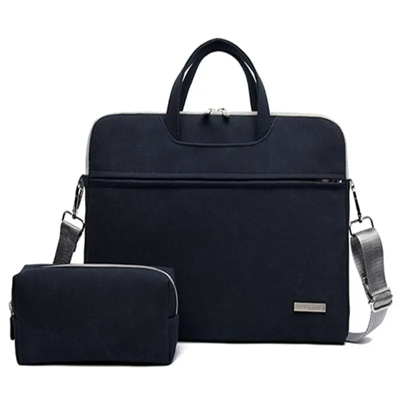 Black leather women laptop bag with matching pouch featuring minimalist design and silver-toned hardware accents