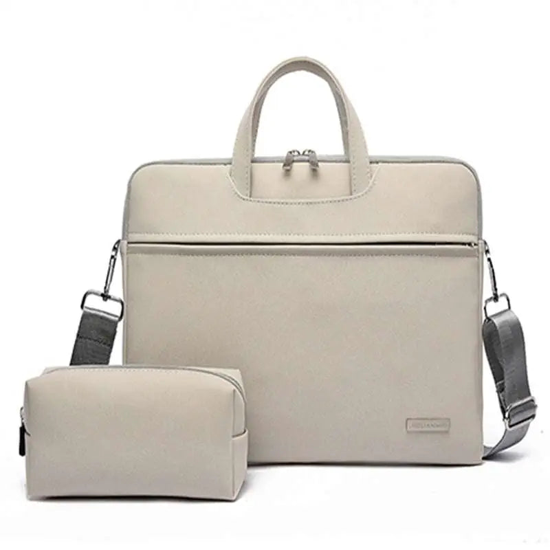 Beige minimalist design leather women laptop bag with matching pouch featuring sleek fabric and adjustable straps