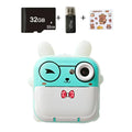 Cute turquoise and white bunny-shaped pink rabbit polaroid children’s cartoon camera with red polka-dot bow tie