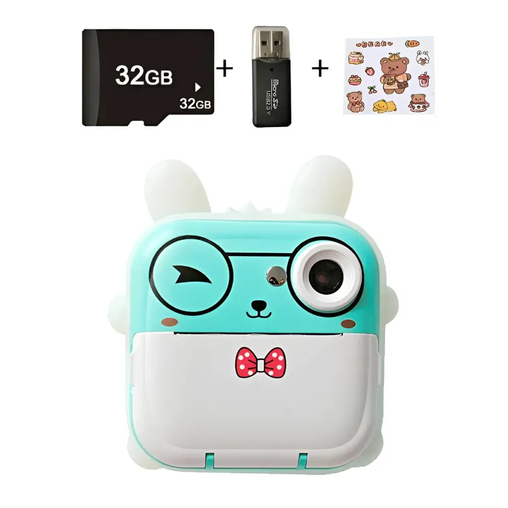 Cute turquoise and white bunny-shaped pink rabbit polaroid children’s cartoon camera with red polka-dot bow tie