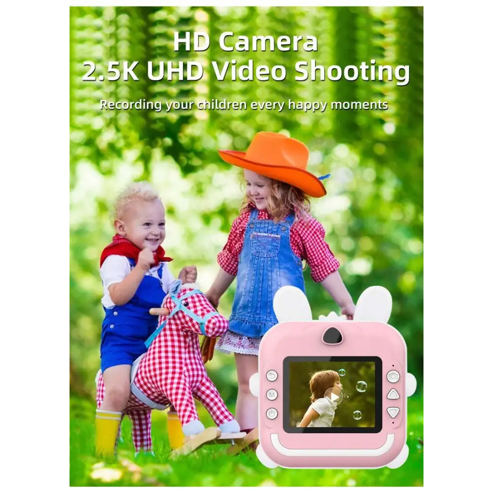 Pink rabbit polaroid children’s cartoon camera in pink with 2.5k uhd video and playful white ears design