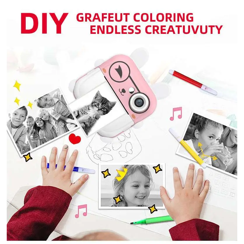 Pink rabbit polaroid children’s cartoon camera with pink grafeut diy photo coloring machine and cute face design