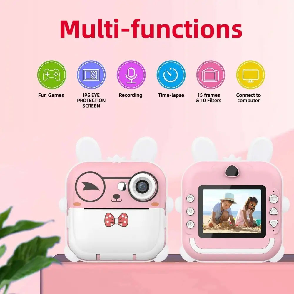 Pink rabbit polaroid children’s cartoon camera in pink and white with bow tie design and 32g high-speed memory
