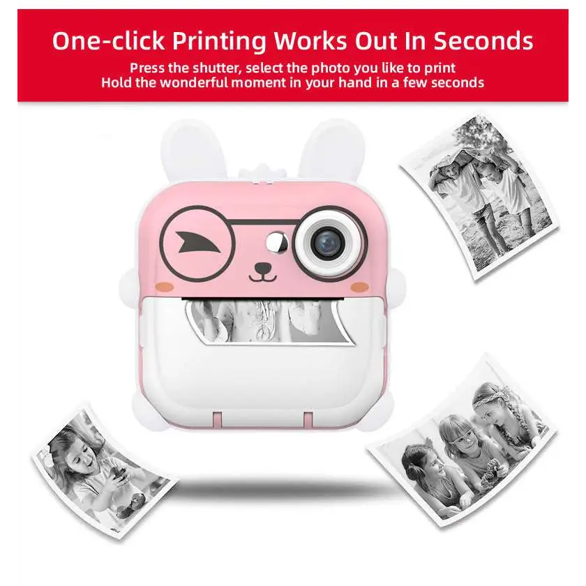 Pink rabbit polaroid children’s cartoon camera in pink and white with bow tie design and 32g high-speed memory