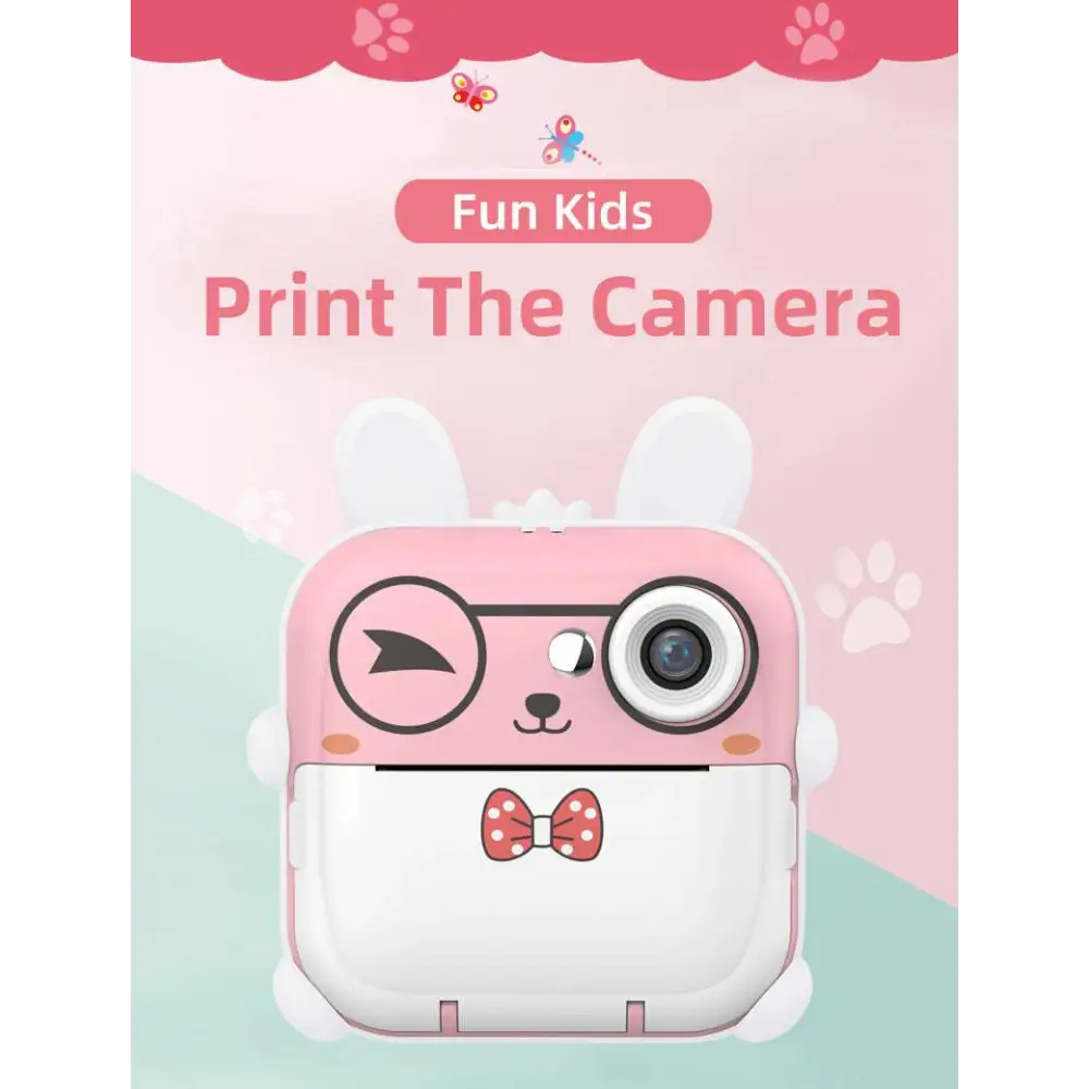 Pink rabbit polaroid children’s cartoon camera in pink and white with bow tie design and 32g high-speed printing features