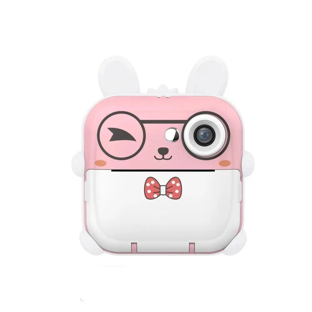 Pink rabbit polaroid children’s cartoon camera in pink and white with bow tie design and 32g high-speed memory storage