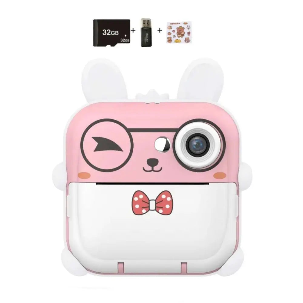 Pink rabbit polaroid children’s cartoon camera shaped like a pink and white rabbit with a bow tie design
