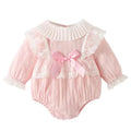 Pink ribbed long sleeve newborn clothes jumpsuit with lace trim and satin bow in delicate pink ribbed fabric