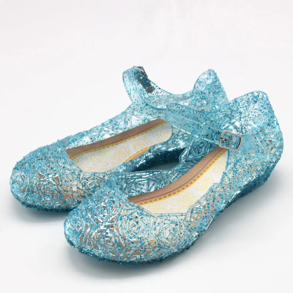Light blue glittery resin mary jane shoes with lace pattern and ankle strap from pink rose girls crystal collection summer princess shoes