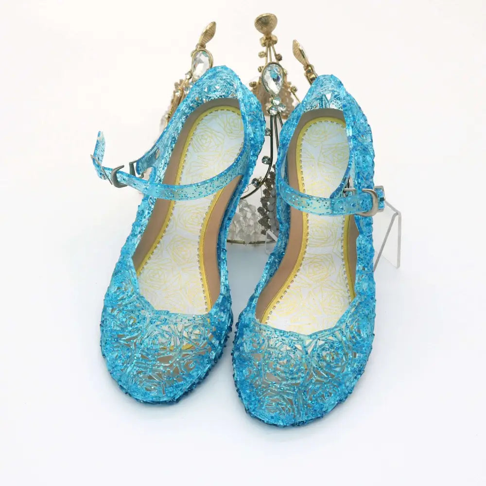 Pink rose girls crystal summer princess shoes featuring translucent blue glittery lace-up mary jane design