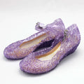 Pink rose girls crystal shoes featuring purple glittery jelly material with rose pattern and ankle straps for summer princess shoes