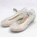 Pink rose girls crystal summer princess shoes with clear glittery jelly material and silver buckle floral straps
